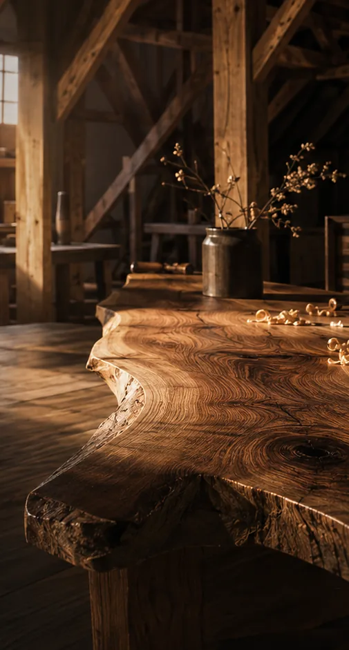 Une table en bois massif à bord vivant dans l’atelier, outils et copeaux posés dessus, sous une charpente ancienne.